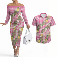 Aloha Puakenikeni Anthurium Pikake Lei Couples Matching Off The Shoulder Long Sleeve Dress and Hawaiian Shirt Tropical Pink Hawaiian Palaka Pattern LT9 Pink - Polynesian Pride