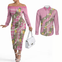 Aloha Puakenikeni Anthurium Pikake Lei Couples Matching Off The Shoulder Long Sleeve Dress and Long Sleeve Button Shirt Tropical Pink Hawaiian Palaka Pattern LT9 Pink - Polynesian Pride