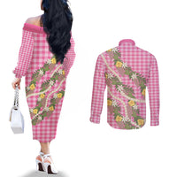 Aloha Puakenikeni Anthurium Pikake Lei Couples Matching Off The Shoulder Long Sleeve Dress and Long Sleeve Button Shirt Tropical Pink Hawaiian Palaka Pattern LT9 - Polynesian Pride
