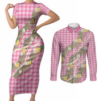 Aloha Puakenikeni Anthurium Pikake Lei Couples Matching Short Sleeve Bodycon Dress and Long Sleeve Button Shirt Tropical Pink Hawaiian Palaka Pattern LT9 Pink - Polynesian Pride