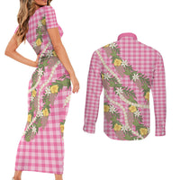 Aloha Puakenikeni Anthurium Pikake Lei Couples Matching Short Sleeve Bodycon Dress and Long Sleeve Button Shirt Tropical Pink Hawaiian Palaka Pattern LT9 - Polynesian Pride