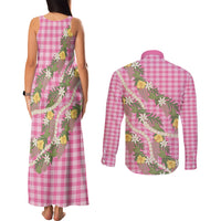 Aloha Puakenikeni Anthurium Pikake Lei Couples Matching Tank Maxi Dress and Long Sleeve Button Shirt Tropical Pink Hawaiian Palaka Pattern LT9 - Polynesian Pride