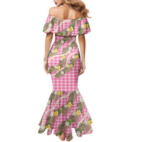 Aloha Puakenikeni Anthurium Pikake Lei Family Matching Mermaid Dress and Hawaiian Shirt Tropical Pink Hawaiian Palaka Pattern LT9 - Polynesian Pride