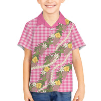Aloha Puakenikeni Anthurium Pikake Lei Family Matching Off Shoulder Maxi Dress and Hawaiian Shirt Tropical Pink Hawaiian Palaka Pattern LT9 Son's Shirt Pink - Polynesian Pride