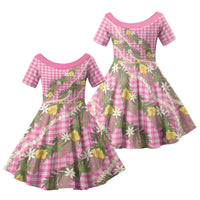 Aloha Puakenikeni Anthurium Pikake Lei Family Matching Puletasi and Hawaiian Shirt Tropical Pink Hawaiian Palaka Pattern LT9 Daughter's Dress Pink - Polynesian Pride