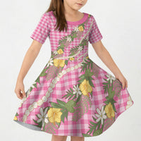 Aloha Puakenikeni Anthurium Pikake Lei Kid Short Sleeve Dress Tropical Pink Hawaiian Palaka Pattern LT9 KID Pink - Polynesian Pride