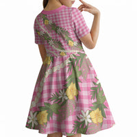 Aloha Puakenikeni Anthurium Pikake Lei Kid Short Sleeve Dress Tropical Pink Hawaiian Palaka Pattern LT9 - Polynesian Pride