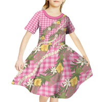 Aloha Puakenikeni Anthurium Pikake Lei Kid Short Sleeve Dress Tropical Pink Hawaiian Palaka Pattern