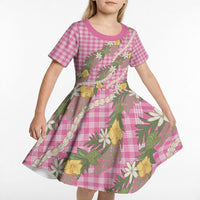Aloha Puakenikeni Anthurium Pikake Lei Kid Short Sleeve Dress Tropical Pink Hawaiian Palaka Pattern LT9 - Polynesian Pride