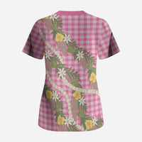 Aloha Puakenikeni Anthurium Pikake Lei Scrub Top Tropical Pink Hawaiian Palaka Pattern