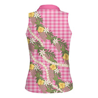 Aloha Puakenikeni Anthurium Pikake Lei Women Sleeveless Polo Shirt Tropical Pink Hawaiian Palaka Pattern