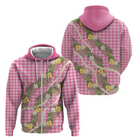 Aloha Puakenikeni Anthurium Pikake Lei Zip Hoodie Tropical Pink Hawaiian Palaka Pattern