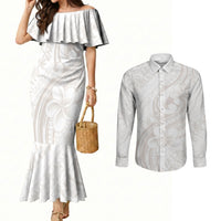 Hawaii Plumeria Lokelani Pikake Lei Couples Matching Mermaid Dress and Long Sleeve Button Shirt Sandy Beige Polynesian Tattoo LT9 Beige - Polynesian Pride