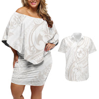 Hawaii Plumeria Lokelani Pikake Lei Couples Matching Off Shoulder Short Dress and Hawaiian Shirt Sandy Beige Polynesian Tattoo LT9 Beige - Polynesian Pride