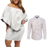 Hawaii Plumeria Lokelani Pikake Lei Couples Matching Off Shoulder Short Dress and Long Sleeve Button Shirt Sandy Beige Polynesian Tattoo LT9 Beige - Polynesian Pride