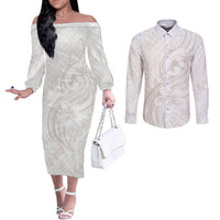Hawaii Plumeria Lokelani Pikake Lei Couples Matching Off The Shoulder Long Sleeve Dress and Long Sleeve Button Shirt Sandy Beige Polynesian Tattoo LT9 Beige - Polynesian Pride