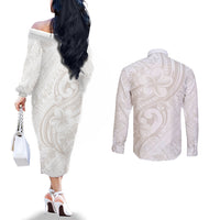 Hawaii Plumeria Lokelani Pikake Lei Couples Matching Off The Shoulder Long Sleeve Dress and Long Sleeve Button Shirt Sandy Beige Polynesian Tattoo LT9 - Polynesian Pride