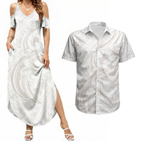 Hawaii Plumeria Lokelani Pikake Lei Couples Matching Summer Maxi Dress and Hawaiian Shirt Sandy Beige Polynesian Tattoo LT9 Beige - Polynesian Pride