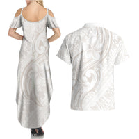 Hawaii Plumeria Lokelani Pikake Lei Couples Matching Summer Maxi Dress and Hawaiian Shirt Sandy Beige Polynesian Tattoo LT9 - Polynesian Pride