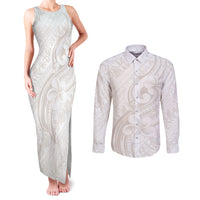 Hawaii Plumeria Lokelani Pikake Lei Couples Matching Tank Maxi Dress and Long Sleeve Button Shirt Sandy Beige Polynesian Tattoo LT9 Beige - Polynesian Pride