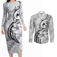 Hawaii Plumeria Lokelani Pikake Lei Couples Matching Long Sleeve Bodycon Dress and Long Sleeve Button Shirt Ele'ele Polynesian Tattoo LT9 Black - Polynesian Pride