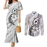 Hawaii Plumeria Lokelani Pikake Lei Couples Matching Mermaid Dress and Long Sleeve Button Shirt Ele'ele Polynesian Tattoo LT9 Black - Polynesian Pride