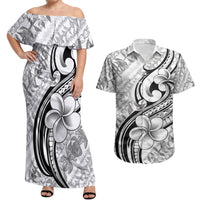 Hawaii Plumeria Lokelani Pikake Lei Couples Matching Off Shoulder Maxi Dress and Hawaiian Shirt Ele'ele Polynesian Tattoo LT9 Black - Polynesian Pride