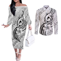 Hawaii Plumeria Lokelani Pikake Lei Couples Matching Off The Shoulder Long Sleeve Dress and Long Sleeve Button Shirt Ele'ele Polynesian Tattoo LT9 Black - Polynesian Pride