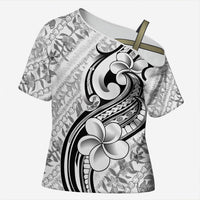 Hawaii Plumeria Lokelani Pikake Lei Cross Shoulder Shirt Ele'ele Polynesian Tattoo