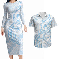 Hawaii Plumeria Lokelani Pikake Lei Couples Matching Long Sleeve Bodycon Dress and Hawaiian Shirt Uliuli Polynesian Tattoo LT9 Blue - Polynesian Pride