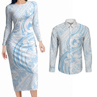 Hawaii Plumeria Lokelani Pikake Lei Couples Matching Long Sleeve Bodycon Dress and Long Sleeve Button Shirt Uliuli Polynesian Tattoo LT9 Blue - Polynesian Pride