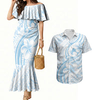 Hawaii Plumeria Lokelani Pikake Lei Couples Matching Mermaid Dress and Hawaiian Shirt Uliuli Polynesian Tattoo LT9 Blue - Polynesian Pride
