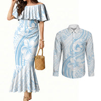 Hawaii Plumeria Lokelani Pikake Lei Couples Matching Mermaid Dress and Long Sleeve Button Shirt Uliuli Polynesian Tattoo LT9 Blue - Polynesian Pride