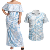 Hawaii Plumeria Lokelani Pikake Lei Couples Matching Off Shoulder Maxi Dress and Hawaiian Shirt Uliuli Polynesian Tattoo LT9 Blue - Polynesian Pride
