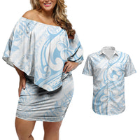 Hawaii Plumeria Lokelani Pikake Lei Couples Matching Off Shoulder Short Dress and Hawaiian Shirt Uliuli Polynesian Tattoo LT9 Blue - Polynesian Pride