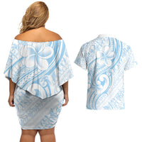 Hawaii Plumeria Lokelani Pikake Lei Couples Matching Off Shoulder Short Dress and Hawaiian Shirt Uliuli Polynesian Tattoo LT9 - Polynesian Pride