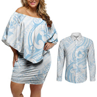 Hawaii Plumeria Lokelani Pikake Lei Couples Matching Off Shoulder Short Dress and Long Sleeve Button Shirt Uliuli Polynesian Tattoo LT9 Blue - Polynesian Pride