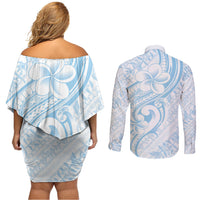 Hawaii Plumeria Lokelani Pikake Lei Couples Matching Off Shoulder Short Dress and Long Sleeve Button Shirt Uliuli Polynesian Tattoo LT9 - Polynesian Pride