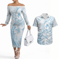 Hawaii Plumeria Lokelani Pikake Lei Couples Matching Off The Shoulder Long Sleeve Dress and Hawaiian Shirt Uliuli Polynesian Tattoo LT9 Blue - Polynesian Pride
