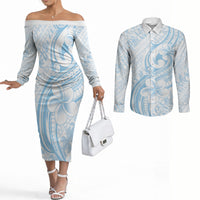 Hawaii Plumeria Lokelani Pikake Lei Couples Matching Off The Shoulder Long Sleeve Dress and Long Sleeve Button Shirt Uliuli Polynesian Tattoo LT9 Blue - Polynesian Pride