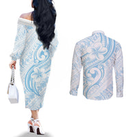 Hawaii Plumeria Lokelani Pikake Lei Couples Matching Off The Shoulder Long Sleeve Dress and Long Sleeve Button Shirt Uliuli Polynesian Tattoo LT9 - Polynesian Pride