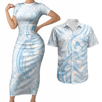Hawaii Plumeria Lokelani Pikake Lei Couples Matching Short Sleeve Bodycon Dress and Hawaiian Shirt Uliuli Polynesian Tattoo LT9 Blue - Polynesian Pride