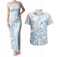 Hawaii Plumeria Lokelani Pikake Lei Couples Matching Tank Maxi Dress and Hawaiian Shirt Uliuli Polynesian Tattoo LT9 Blue - Polynesian Pride