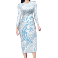 Hawaii Plumeria Lokelani Pikake Lei Family Matching Long Sleeve Bodycon Dress and Hawaiian Shirt Uliuli Polynesian Tattoo LT9 Mom's Dress Blue - Polynesian Pride