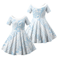 Hawaii Plumeria Lokelani Pikake Lei Family Matching Puletasi and Hawaiian Shirt Uliuli Polynesian Tattoo LT9 Daughter's Dress Blue - Polynesian Pride