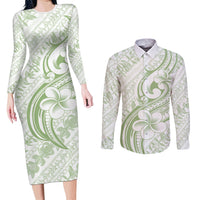 Hawaii Plumeria Lokelani Pikake Lei Couples Matching Long Sleeve Bodycon Dress and Long Sleeve Button Shirt Oma'oma'o Polynesian Tattoo LT9 Green - Polynesian Pride