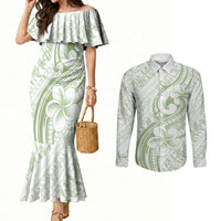 Hawaii Plumeria Lokelani Pikake Lei Couples Matching Mermaid Dress and Long Sleeve Button Shirt Oma'oma'o Polynesian Tattoo LT9 Green - Polynesian Pride