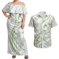 Hawaii Plumeria Lokelani Pikake Lei Couples Matching Off Shoulder Maxi Dress and Hawaiian Shirt Oma'oma'o Polynesian Tattoo LT9 Green - Polynesian Pride