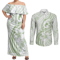 Hawaii Plumeria Lokelani Pikake Lei Couples Matching Off Shoulder Maxi Dress and Long Sleeve Button Shirt Oma'oma'o Polynesian Tattoo LT9 Green - Polynesian Pride