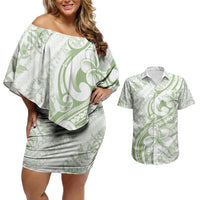 Hawaii Plumeria Lokelani Pikake Lei Couples Matching Off Shoulder Short Dress and Hawaiian Shirt Oma'oma'o Polynesian Tattoo LT9 Green - Polynesian Pride